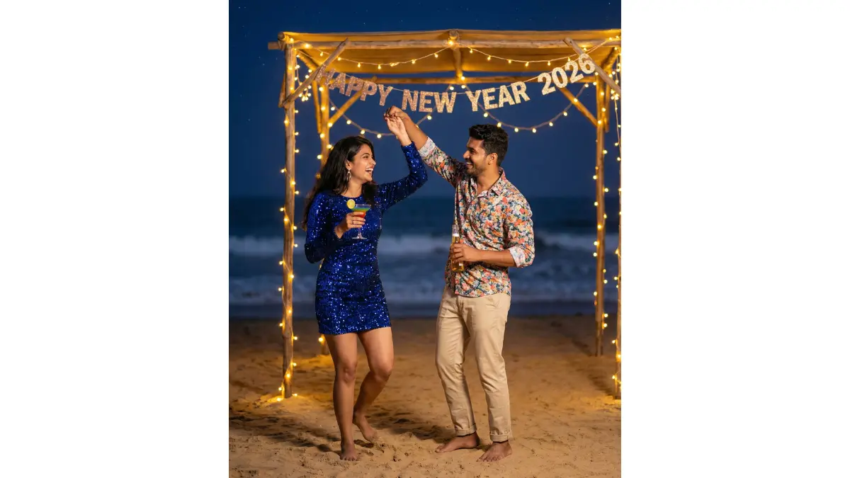 A high-resolution, realistic photograph of a joyful young indian couple celebrating New Year's Eve on a sandy beach at night. The woman is wearing a short, sparkly blue sequined dress and holding a colorful cocktail. The man is wearing a vibrant floral button-down shirt and beige trousers, also holding a drink. They are barefoot, holding hands, laughing, and dancing in the sand. Behind them is a rustic wooden beach cabana structure draped with strings of warm glowing fairy lights. A glittery banner or sign on the structure reads "HAPPY NEW YEAR 2026". The background features a dark blue night sky filled with stars and the ocean waves in the distance.
