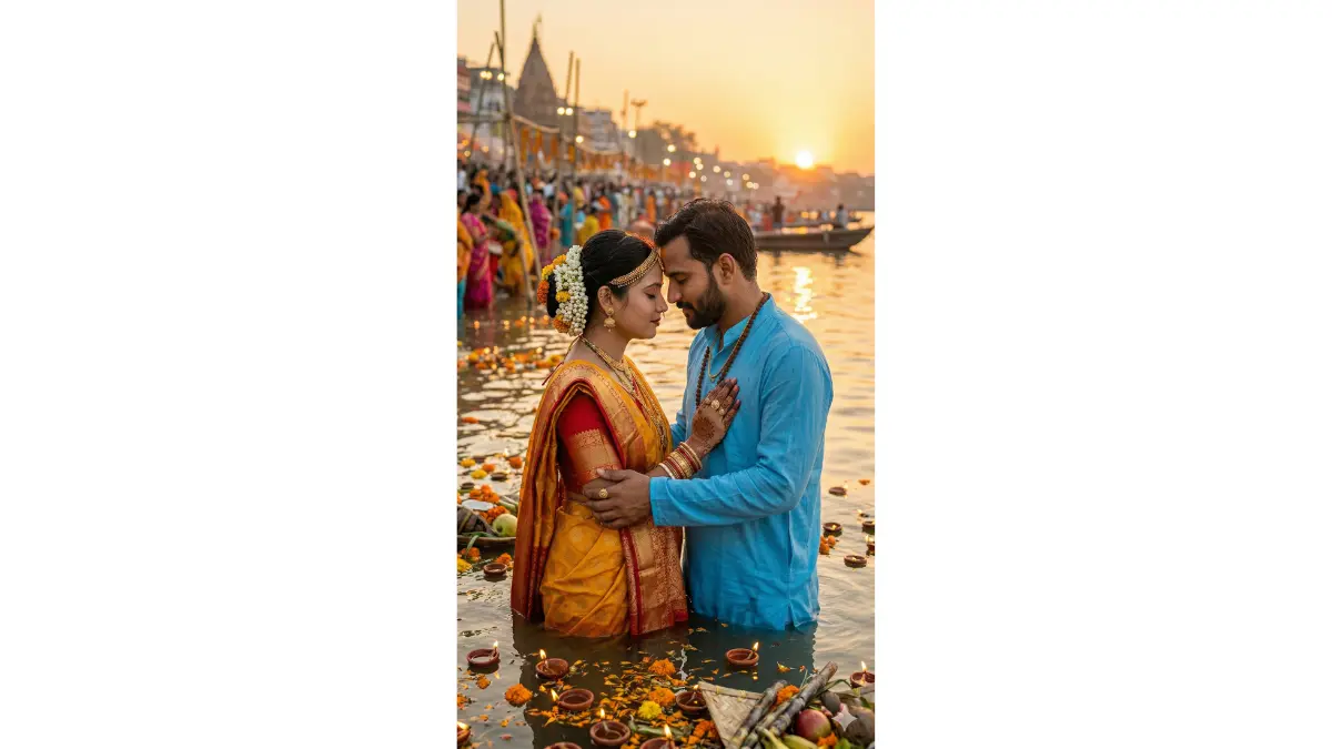 portrait of beautiful Indian couple during Chhath Puja, foreheads gently touching eyes closed devotion, woman elegant yellow-red saree jasmine flowers hair, man sky-blue kurta holding her hand tenderly, warm golden sunrise light on faces, diyas river soft bokeh background, pure love and faith aesthetic