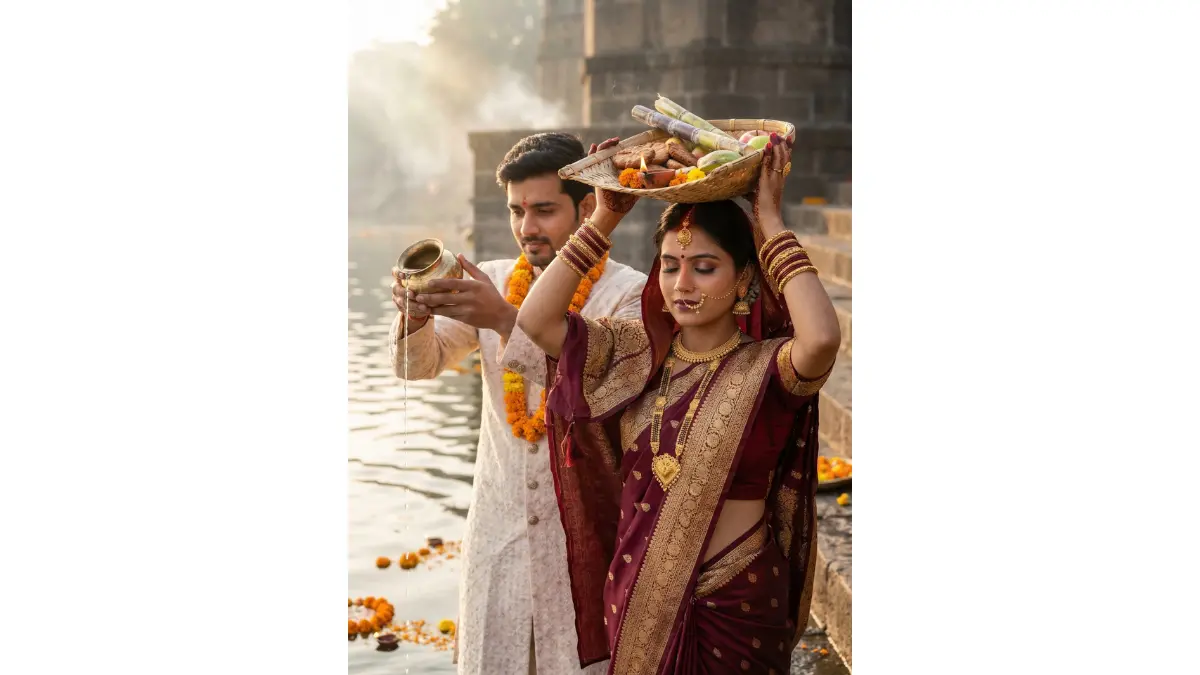 close-up of a young newlywed Indian couple performing Chhath Puja sunrise arghya on ancient Pune river ghat steps, woman in deep maroon silk saree with intricate gold zari border and heavy pallu drape, adorned with traditional Bihari jewelry: thick gold mangalsutra, large jhumka earrings with pearls, multiple gold bangles, nath nose ring, tikli maang tikka on sindoor-parted hair, jasmine gajra braid, sindoor bindi, holding ornate soop basket balanced on head filled with thekua biscuits, sugarcane sticks, seasonal fruits, lit clay diya flickering, man in pastel ivory sherwani with subtle sequin embroidery, marigold mala around neck, brass lota in hand gently pouring water