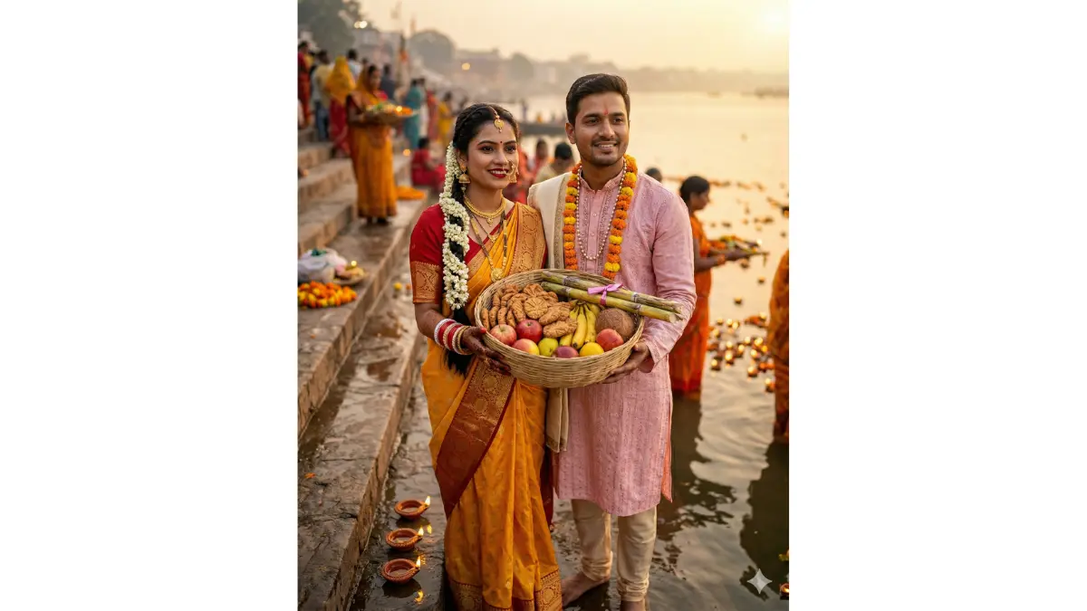 young couple standing symmetrically close on riverbank stone ghat Chhath Puja morning, both holding large bamboo soop together overflowing with thekua, apples bananas sugarcane sticks flowers lit multiple diyas, woman elegant yellow-red saree golden zari work, jasmine flowers in braided hair, full traditional jewelry set: gold bangles chudha style, heavy earrings, nose ring nath, mangalsutra, tikli, peaceful devoted gaze toward sun, man light pink kurta with intricate threadwork, shawl and mala, soft natural sunrise warm golden light illuminating smiling faces skin textures, blurred background with other devotees diyas river reflections marigolds, emotional togetherness pure faith romantic atmosphere