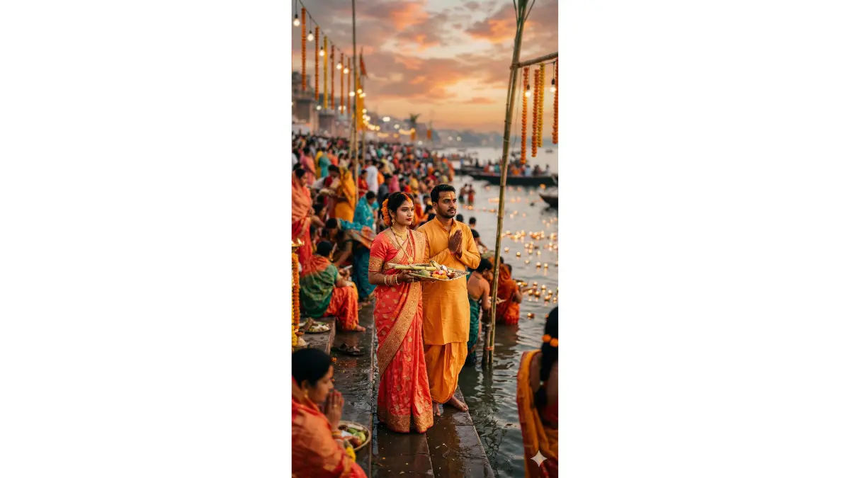 A wide cinematic portrait of an Indian couple dressed in vivid traditional Chhath Puja attire, standing as the sharp and glowing focal point amid a sweeping scene of hundreds of blurred devotees at a riverbank ghat during magic hour. The wife wears a coral silk saree with intricate gold zari weaving, the husband in a saffron dhoti beside her. They stand still and present while all around them the crowd is a soft blur of colour and motion. Marigold garlands hang from tall bamboo poles, hundreds of diya flames flicker everywhere
