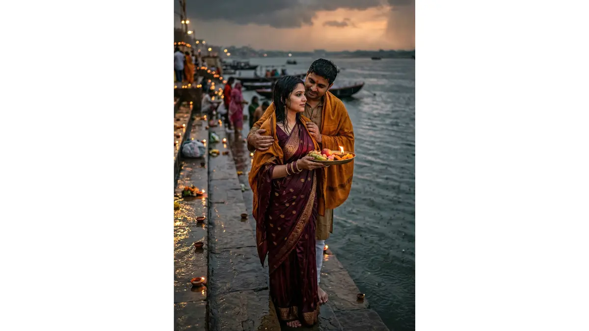 A deeply romantic and moody image of an Indian couple at a Chhath Puja ghat in the gentle drizzle of light rain. The wife stands in a deep burgundy silk saree that clings softly to her in the rain, holding a brass thali with a single flame somehow still burning. Her husband wraps a saffron shawl around her shoulders from behind, both of them facing the river together.