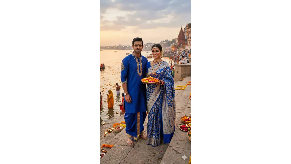 A stunning fashion editorial portrait of an Indian couple dressed in beautifully coordinated Chhath Puja traditional attire — the wife in a rich royal blue Banarasi silk saree with gold and silver zari work, and her husband in a blue silk kurta with matching dhoti border in the same royal blue and gold. Both wear complementary gold jewellery. They stand side by side on the top step of a grand ghat, the river glowing behind them in the soft late-afternoon light.