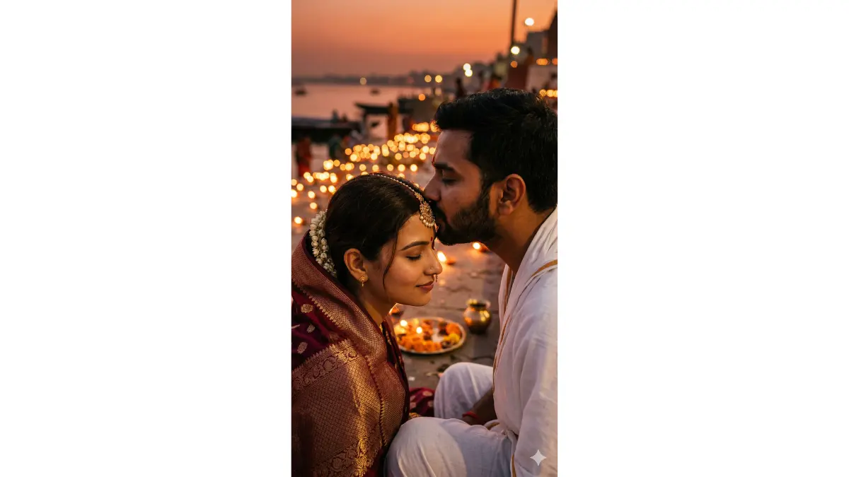 A deeply romantic and tender close-up profile shot of an Indian husband gently pressing his lips to his wife's forehead during a quiet moment at the river during Chhath Puja at dusk. Both faces are in profile, sharp against a completely blurred warm bokeh background of diya flames and the deep orange dusk sky. The wife's eyes are closed, expression serene and completely at peace. Her maang tikka and the curve of her nose pin are beautifully visible in profile.
