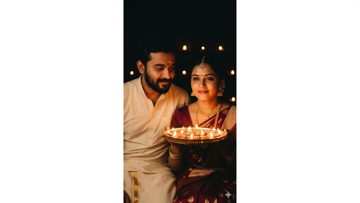 A medium close-up of an Indian husband and wife framed from chest to top of head, both faces beautifully lit from below by the warm amber glow of a brass thali of diyas the wife holds in her hands. The upward diya light catches her gold jewellery, illuminates her cheekbones, and reflects in her eyes. Her husband stands beside her, his face also softly lit by the same flame, looking at her gently. The background behind them is completely dark and out of focus, with scattered pinpoints of warm diya light floating in the bokeh. Both faces are fully visible, expressions peaceful and devotional.