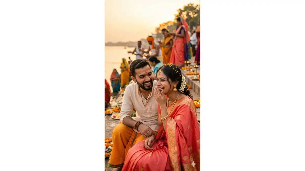 A candid and joyful medium close-up of an Indian couple sharing a genuine laugh together during a relaxed moment between Chhath Puja rituals, framed from chest to top of head. The wife in a coral silk saree with gold border, mid-laugh, her eyes bright and crinkled, one hand raised to her mouth. Her husband in a saffron dhoti laughing alongside her, looking at her warmly. Both faces completely natural and unposed. Her gold jhumka earrings swing slightly, maang tikka catching the soft golden late-afternoon light.
