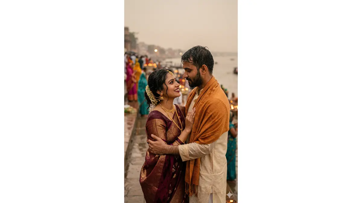 Indian couple caught in a gentle rain during Chhath Puja, framed from chest to top of head. The wife's deep burgundy silk saree is slightly damp, her hair beginning to curl softly in the moisture, a small smile on her face looking at her husband. Her husband has wrapped a corner of his saffron shawl around her shoulder, looking at her with quiet protective warmth. Raindrops visible on their skin and hair. The ghat behind them is blurred and wet, diya flames somehow still glowing in the soft rain in the background bokeh.