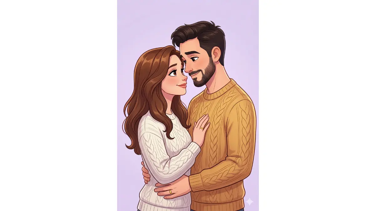 couple in this photo into a Disney animation style cartoon portrait. Both partners are standing close together with warm, soft smiles and gentle eye contact. Keep faces clearly recognizable. Clean pastel background — soft lavender or blush pink. Smooth cel shading, expressive eyes, simple and elegant character design. Warm, loving mood.