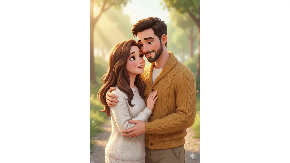 the couple in this photo into a Pixar 3D animation style cartoon. keep 100 percent same face,They are walking side by side, holding hands, relaxed and happy expressions. Soft afternoon lighting, clean minimal background with light green tones suggesting an outdoor path. Natural posture, joyful and calm vibe. High quality character rendering with clear, expressive faces.