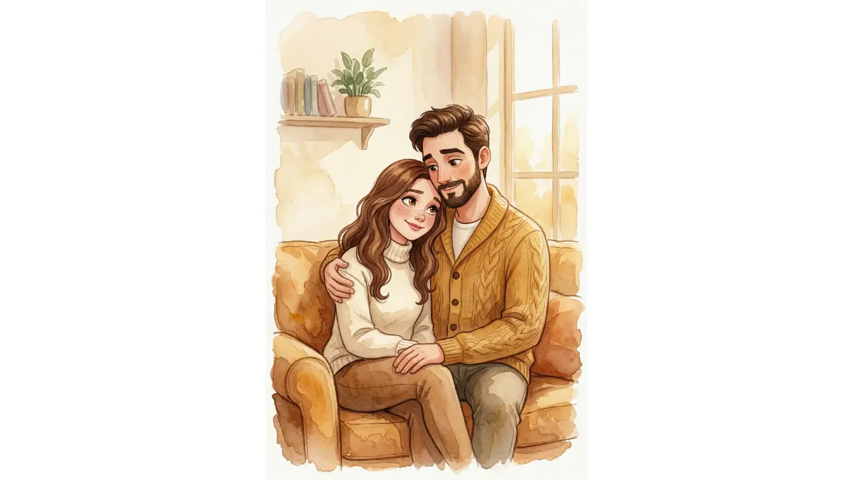 couple photo into a soft watercolor cartoon illustration. The couple is sitting close together on a cozy sofa, relaxed and comfortable. Warm amber and cream color palette. Simple stylized indoor background — a cozy room with soft window light. Gentle smiles, expressive eyes, romantic and peaceful mood. Painterly edges, visible watercolor texture.