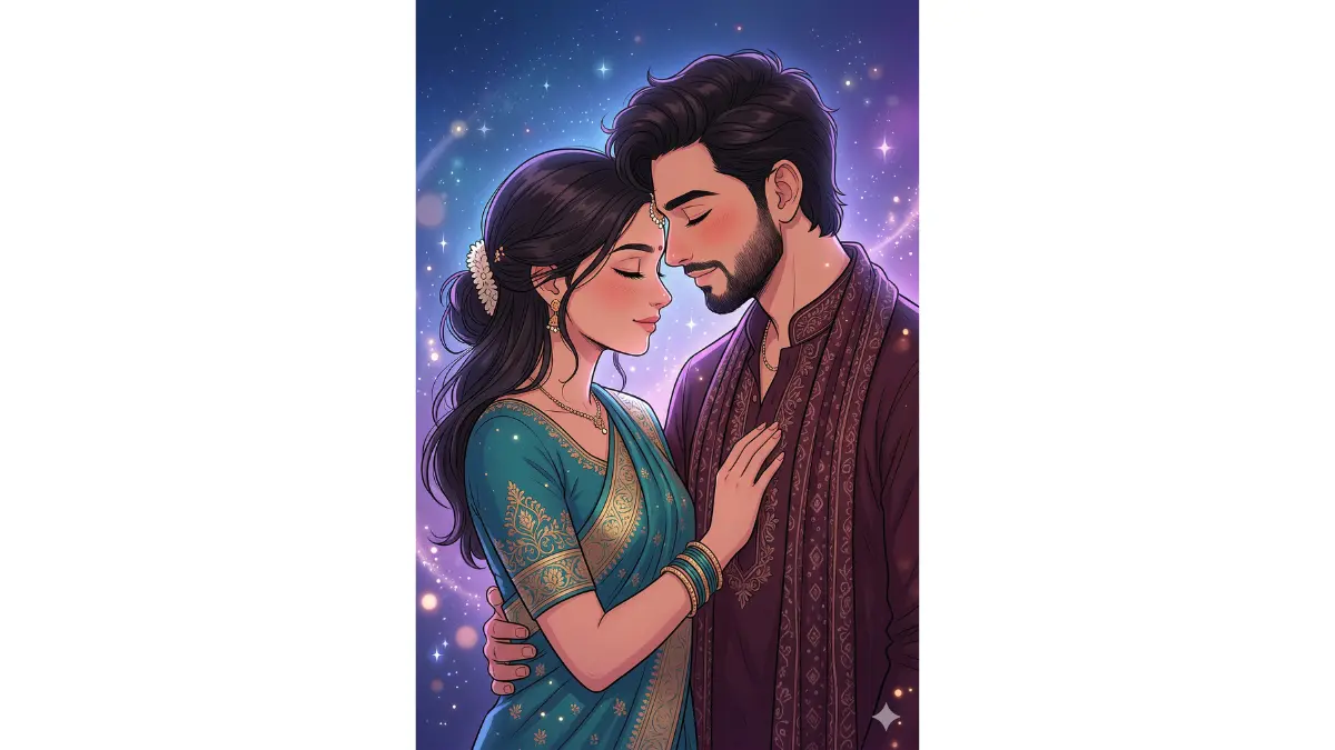 couple into an anime illustration style cartoon. The two partners are leaning close with their foreheads gently touching, eyes softly closed or gazing at each other. Soft glowing background — deep blue to purple gradient with subtle sparkles.