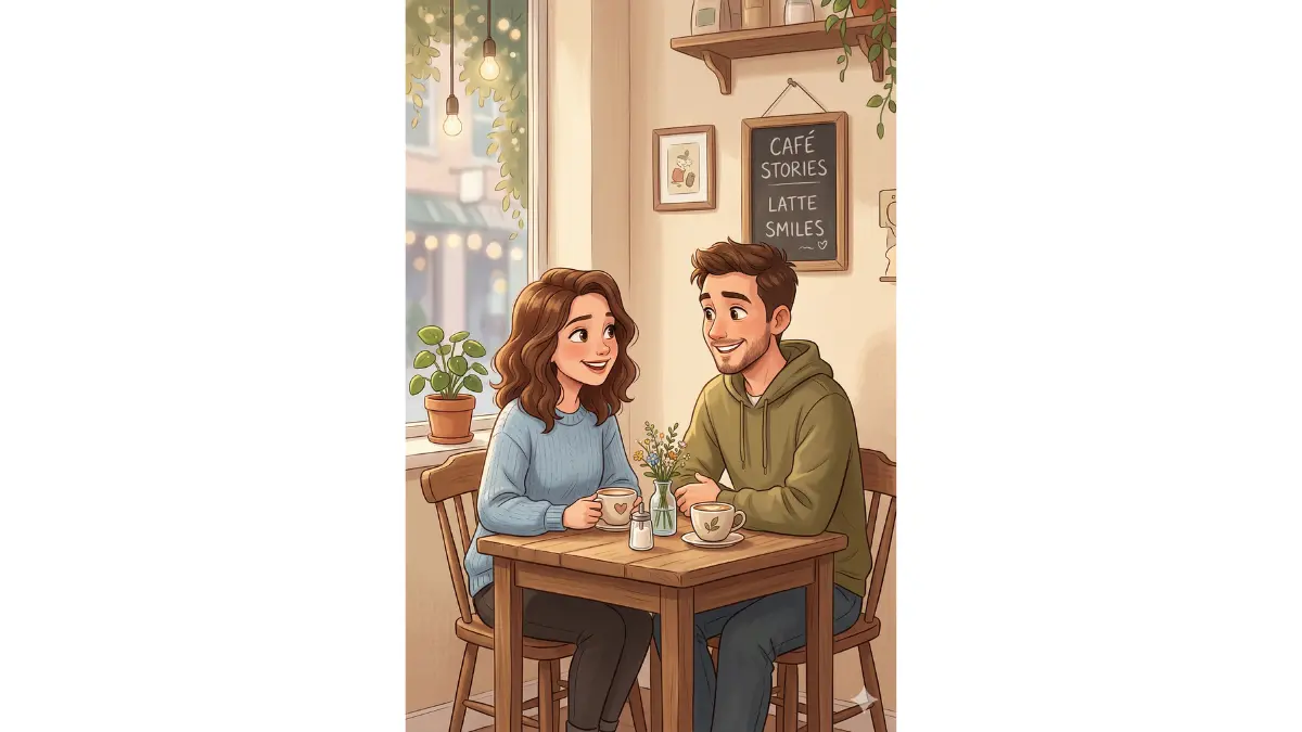 couple photo into a cute cartoon illustration in a modern animated film style. They are sitting across from each other at a small café table, smiling warmly. Soft pastel background — beige walls, small potted plant, two coffee cups. Minimal stylized details, clear and expressive faces, relaxed and happy atmosphere. Warm, cozy lighting.