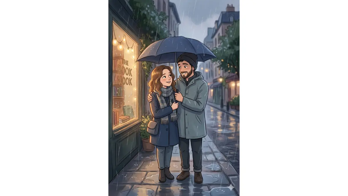 couple into a soft cartoon illustration. They are standing under a shared umbrella in light rain, smiling gently at each other. Muted blue and grey color palette with warm highlights from a nearby window. Slightly blurred rainy background, cozy and emotional mood.