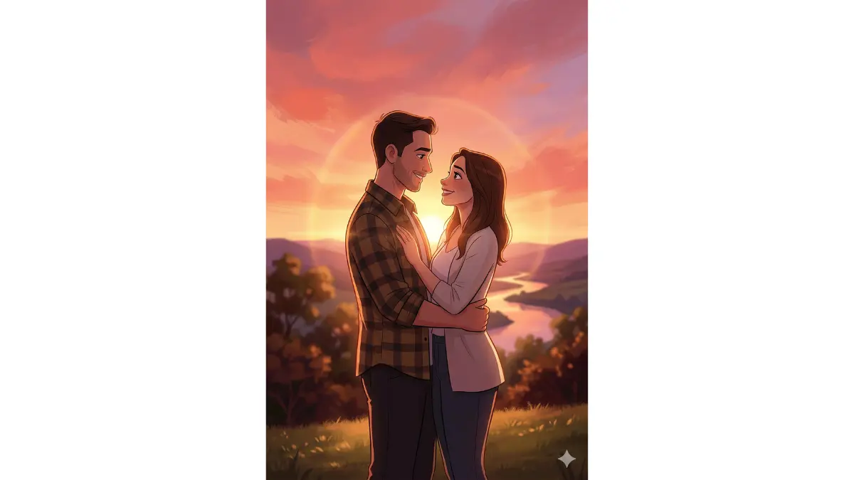 couple photo into a cinematic cartoon illustration. The couple stands together at golden hour, warm orange and rose-pink sky behind them with soft lens-flare glow. Silhouette-friendly composition with detailed expressive faces still visible. Romantic and calm atmosphere, clean aesthetic composition, painterly sky,