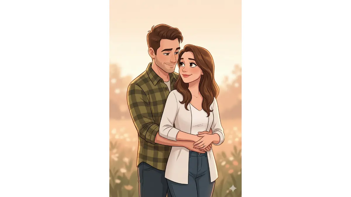 couple into a Disney-style cartoon illustration. One partner is gently hugging the other from behind, both smiling softly. Warm peach and cream tones, simple outdoor background with soft light. Relaxed and affectionate posture, both faces clearly visible, cute and loving mood. Smooth character shading, clean and bright overall look.