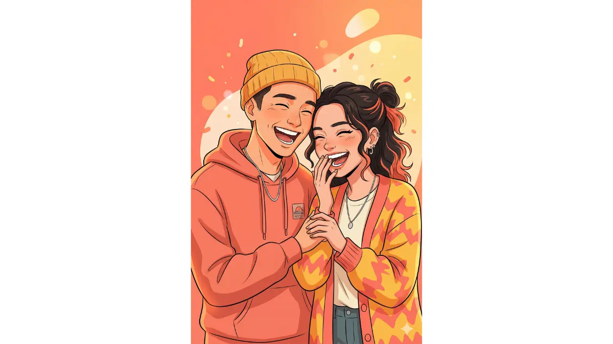 couple photo into a vibrant animated cartoon. Both partners are mid-laugh — genuine, open expressions, eyes slightly crinkled, big smiles. Bright and soft color palette — warm yellows and coral. Clean, minimal background. Joyful and energetic mood, candid feeling, expressive cartoon faces that still resemble the real people in the photo.