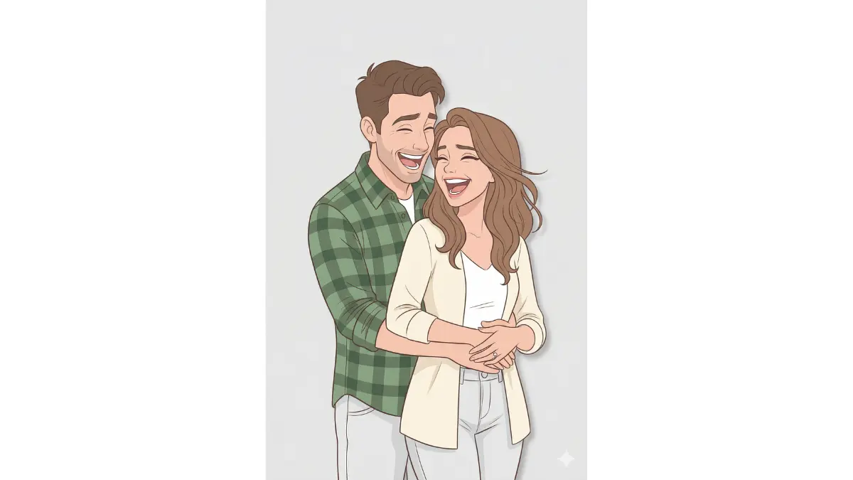 couple photo into a modern minimal cartoon portrait. Clean white or soft grey background, focus entirely on the couple's faces and upper body. Simple, elegant line art with flat soft coloring. No extra details or props — just clear, expressive faces with a subtle soft shadow.