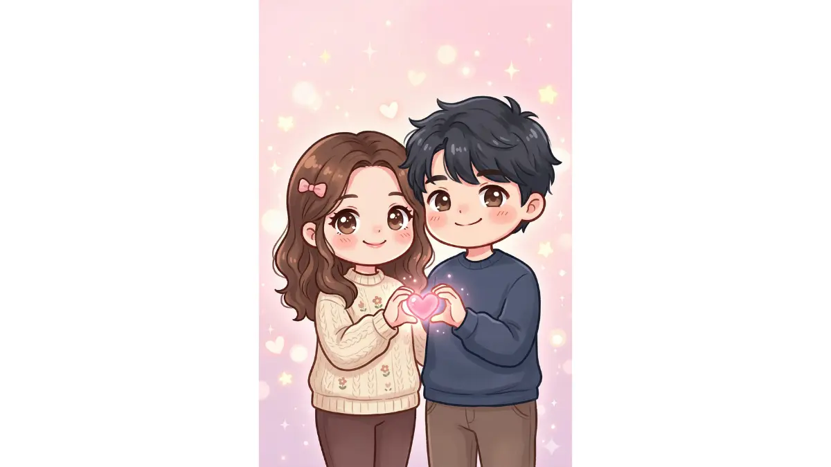 couple photo into a chibi-style cute cartoon. Both partners are facing the viewer, holding a small glowing heart between their hands, smiling softly. Soft pastel background — light pink with subtle sparkles. Slightly oversized heads in chibi proportions, big expressive eyes, small but cute bodies.