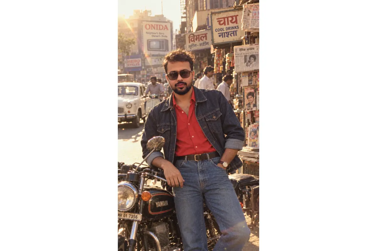 Young Indian man in retro 1980s clothing standing beside a vintage motorcycle on a busy Indian street