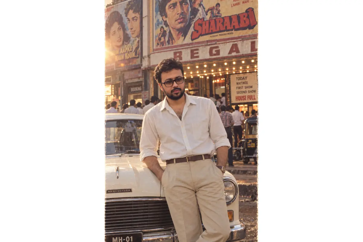 Young Indian man in 1980s Bollywood-inspired clothing posing beside a vintage Ambassador car outside an old cinema