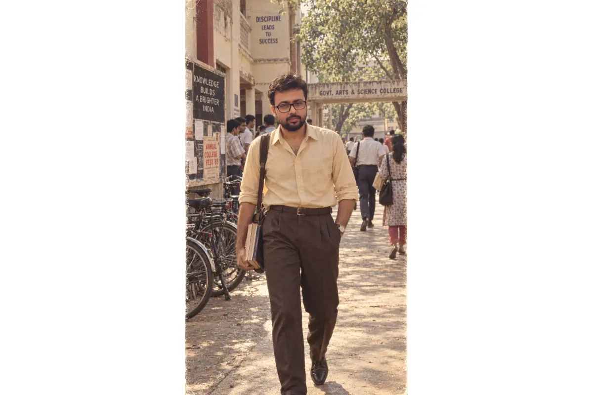 Young Indian man in 1980s clothing walking through a vintage college campus with bicycles and old buildings