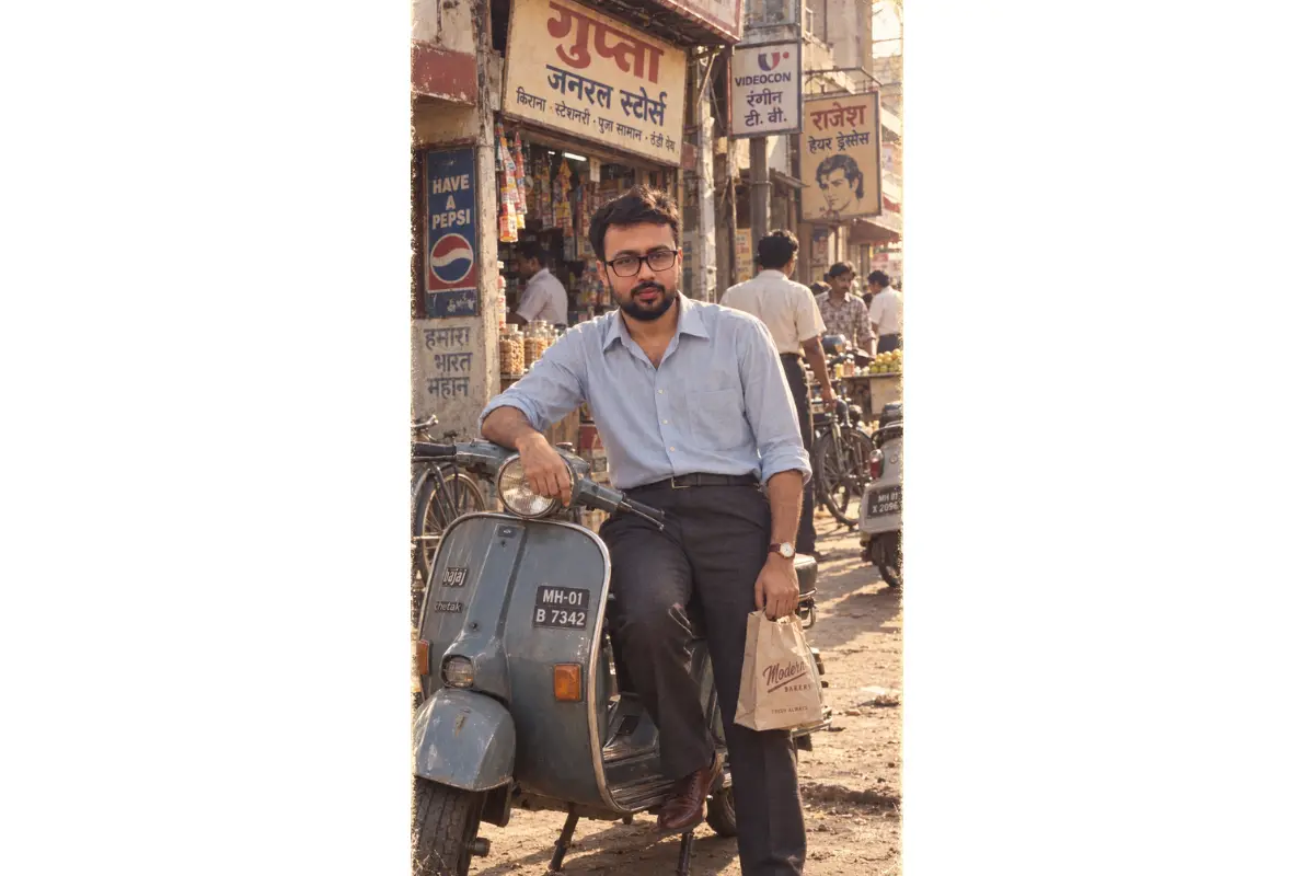 Young Indian man sitting on a vintage scooter outside an old Indian neighborhood market in the 1980s