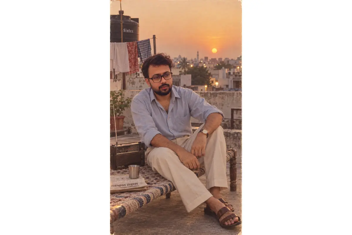Young Indian man sitting on a rooftop beside a vintage transistor radio during a 1980s sunset