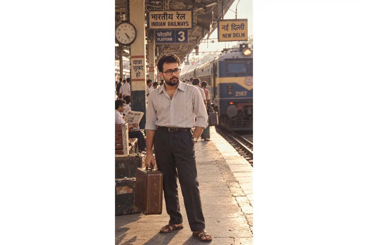 Young Indian man holding a vintage suitcase on an Indian railway platform beside an approaching train in the 1980s