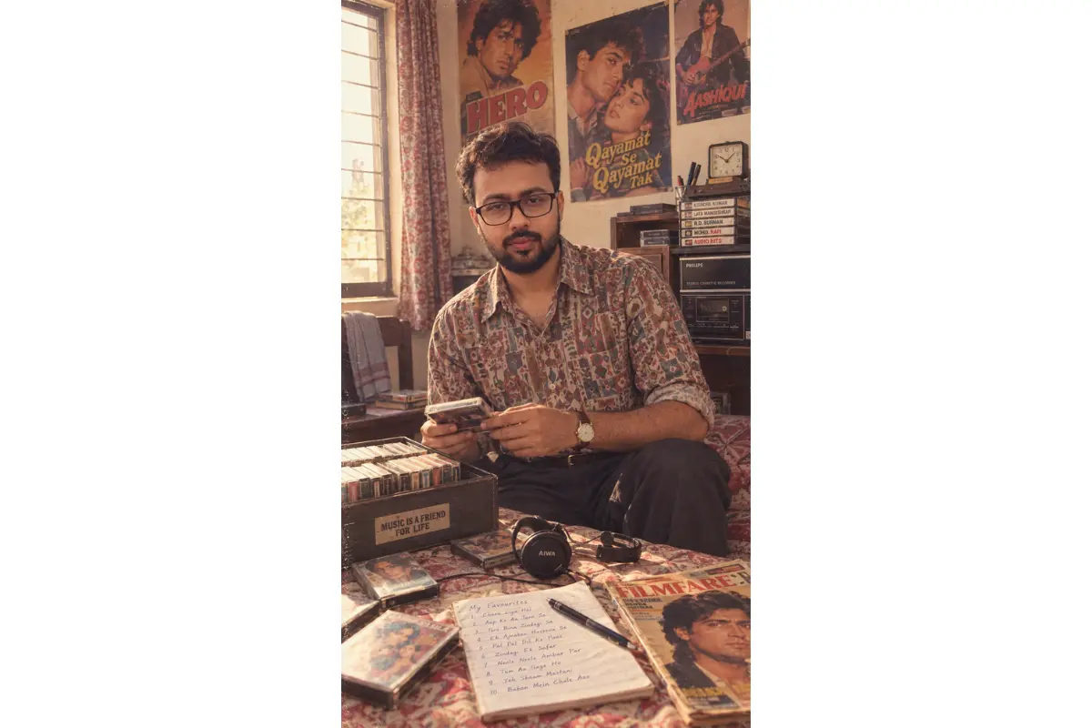 Young Indian man browsing cassette tapes in a nostalgic 1980s bedroom with a vintage cassette player