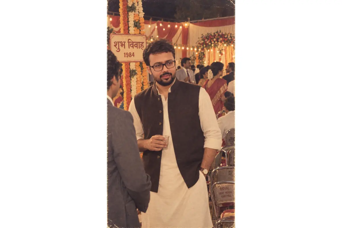 Young Indian man wearing a traditional kurta and Nehru jacket at a vintage 1980s Indian wedding