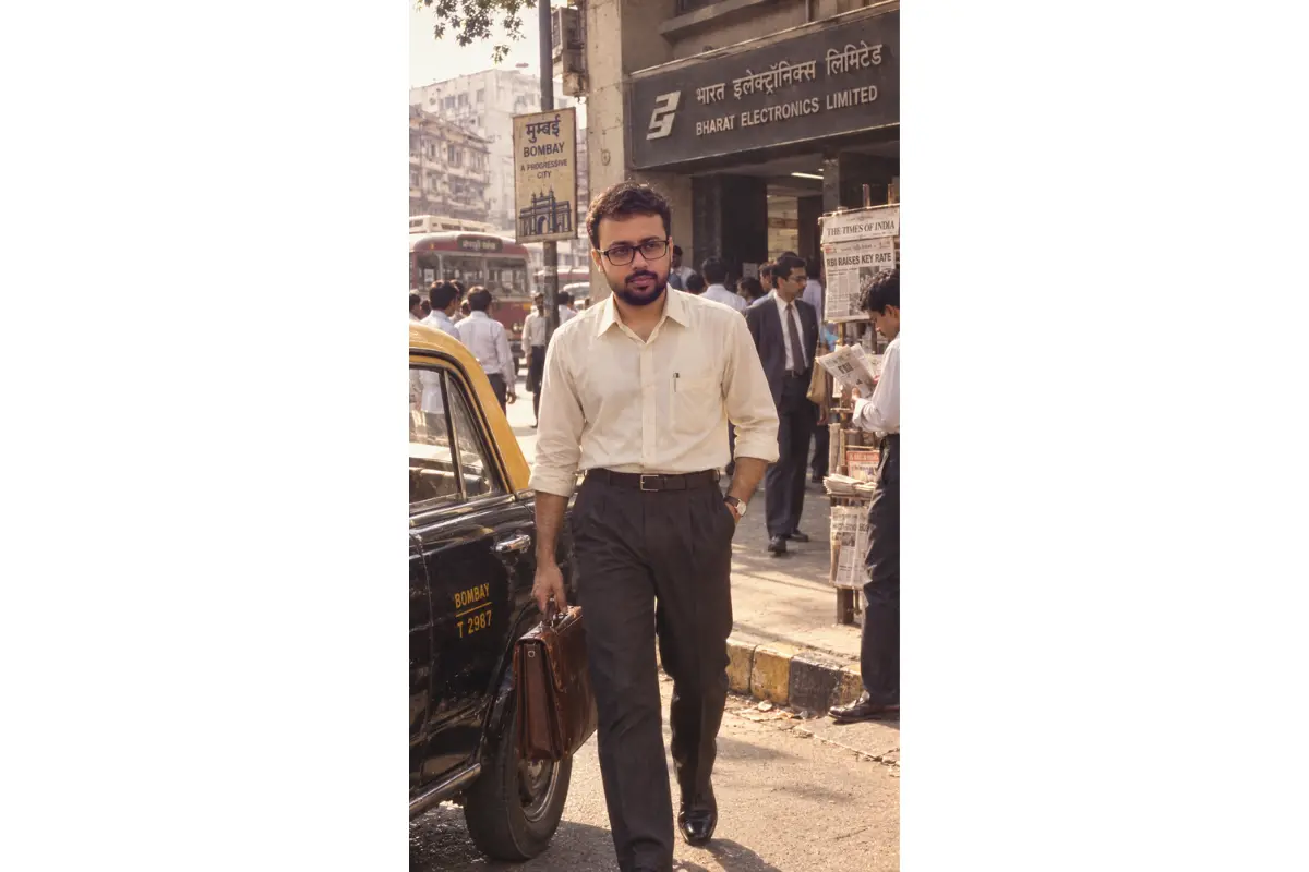 Young Indian office worker carrying a leather briefcase outside an old Bombay office building in 1987