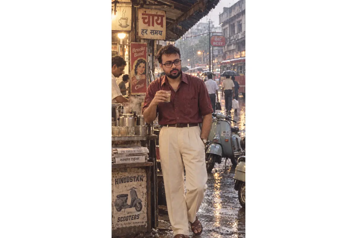 Young Indian man drinking chai beside a roadside tea stall on a rainy 1980s Indian street