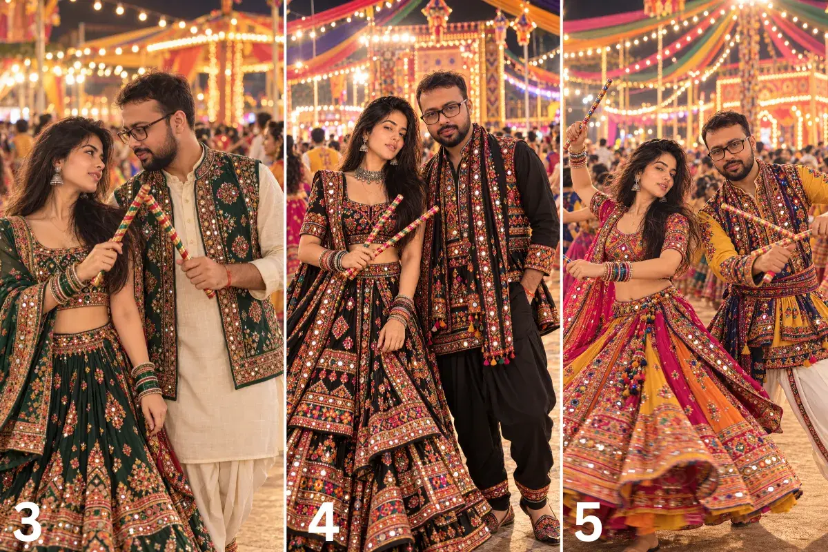 Romantic Dandiya Moment Under Fairy Lights