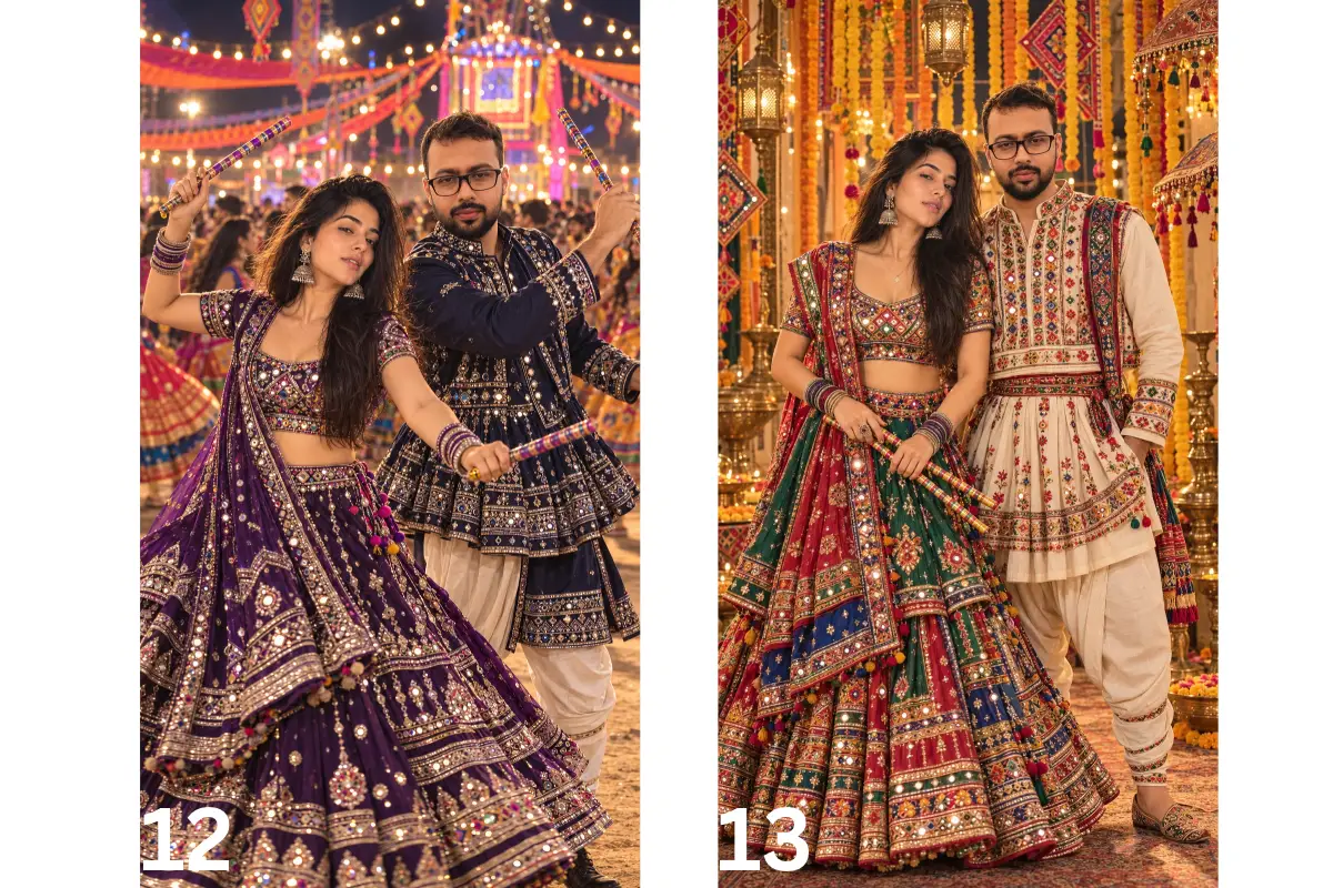 deep purple and silver embroidered chaniya choli with a flowing skirt, oxidized jewellery, and colorful bangles. Dress the man in a midnight-blue embroidered kediyu with silver detailing and traditional trousers.