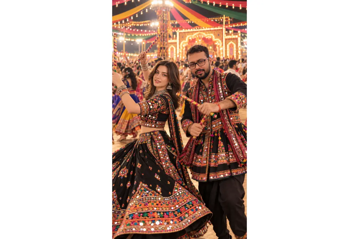 woman in a spectacular black chaniya choli covered with colorful Gujarati mirror work, intricate embroidery, silver jewelry, and vibrant bangles. Dress the man in a matching black kediyu-style outfit with multicolored embroidered patterns, traditional trousers, and a festive scarf. Capture them dancing Garba together in a lively outdoor festival ground, holding decorated Dandiya sticks and exchanging joyful, natural smiles. The woman's skirt should flare beautifully with her movement, showing detailed fabric patterns. Surround them with hundreds of dancers, colorful overhead fabric canopies, warm fairy lights, and a grand illuminated festival entrance.