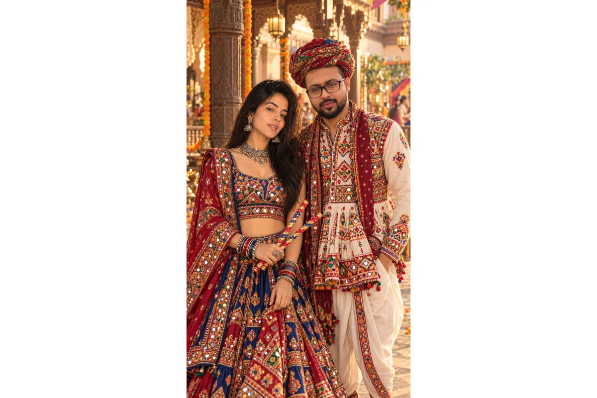 a luxurious traditional portrait inspired by Gujarati heritage, with intricate embroidery and elegant styling.